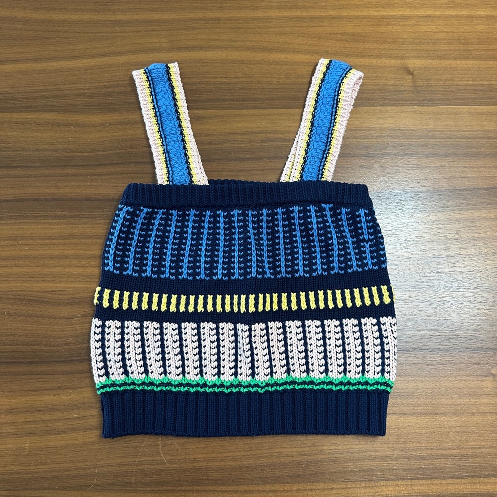 Veronica Beard Voya Knit Tank Medium Striped Crochet Cotton Boho Fishermen Artsy - Picture 2 of 11